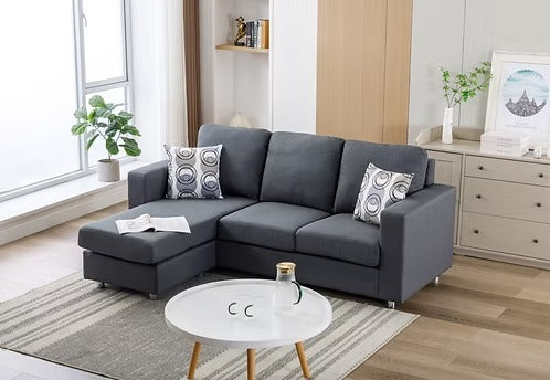 Korvello Reversible Sofa Sectional – Grey Fabric Sofa with Chrome Legs &amp; Accent Pillows