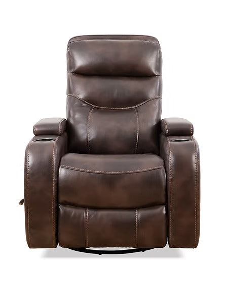 Quinvara Recliner Chair with Pull Handle, Swivel Glider Mechanism, Cup Holders, Storage Arms &amp; Zero Wallhugger Design in Soft Brown PU
