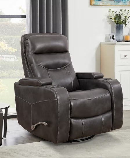 Quinvara Recliner Chair with Pull Handle, Swivel Glider Mechanism, Cup Holders, Storage Arms & Zero Wallhugger Design in Soft Grey PU