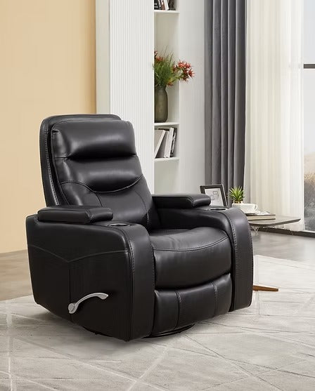 Quinvara Recliner Chair with Pull Handle, Cup Holders, Swivel Glider Function, Storage Arms & Zero Wallhugger Design in Soft Black PU