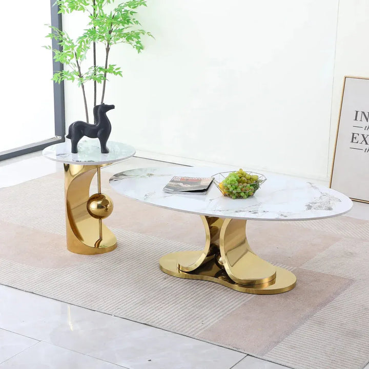 Crown 3-Piece Coffee Table Set – White Faux Marble & Gold Base