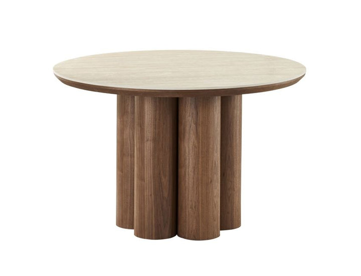 Orlancia Mid-Century Modern Round Dining Table – Sintered Stone Travertine Top with Walnut Veneer Pedestal Base and Beveled Edge Dining Table
