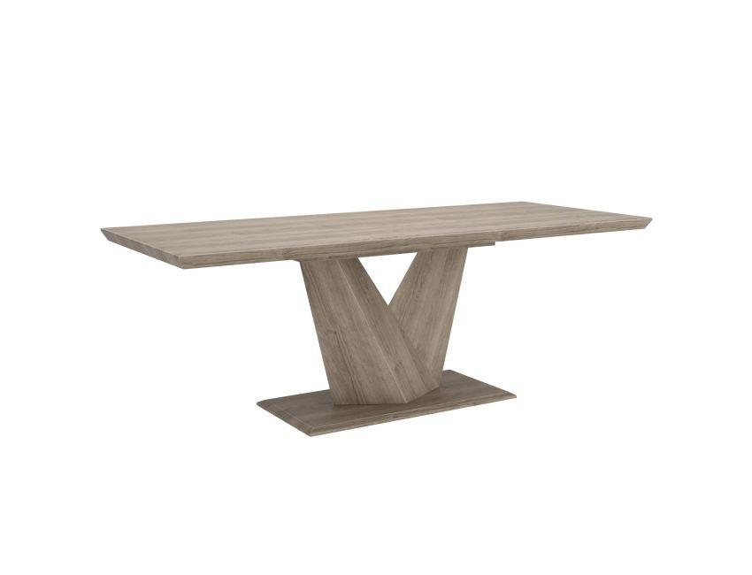 Eldora Contemporary Extendable Dining Table – Washed Oak Wood Grain Top with Butterfly Extension, Double Prism Pedestal Base and Modern Dining Design