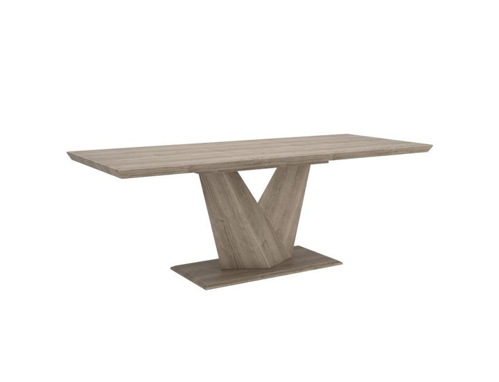 Eldora Contemporary Extendable Dining Table – Washed Oak Wood Grain Top with Butterfly Extension, Double Prism Pedestal Base and Modern Dining Design