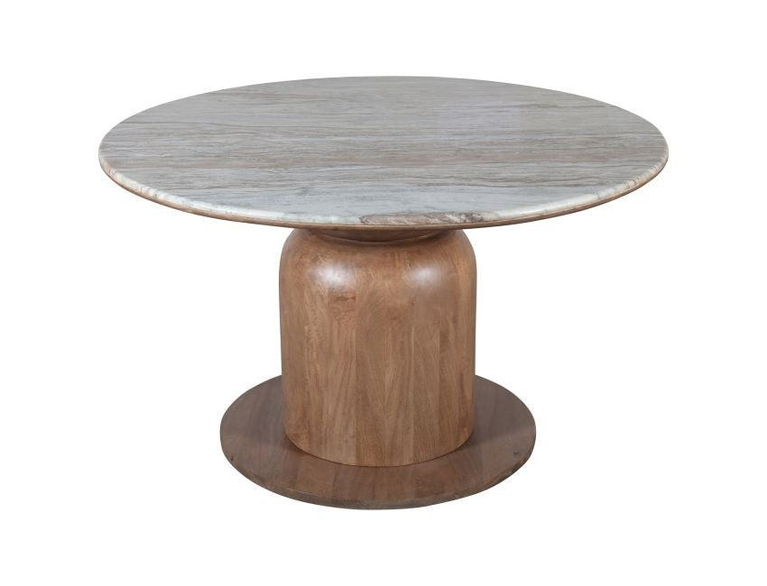 Norlix Mid-Century Modern Round Dining Table – Solid Mango Wood Table with Fantasy Brown Marble Top and Walnut Finish Pedestal Base