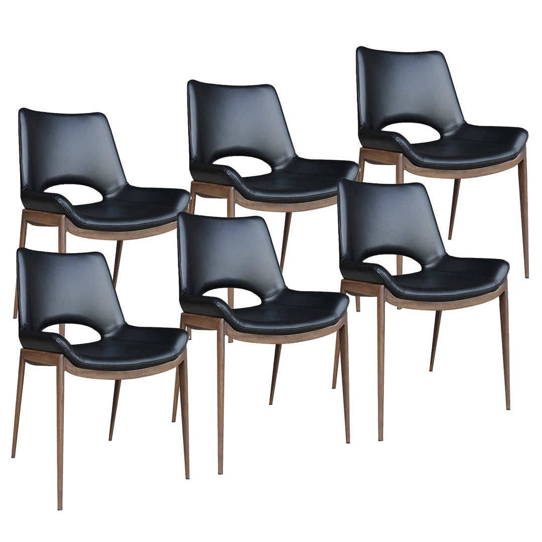 Torano Mid-Century Modern Dining And Lounge Chair in Walnut Finish with Textured Faux Leather Upholstery, Contoured Seat, Metal Frame – Set of 6