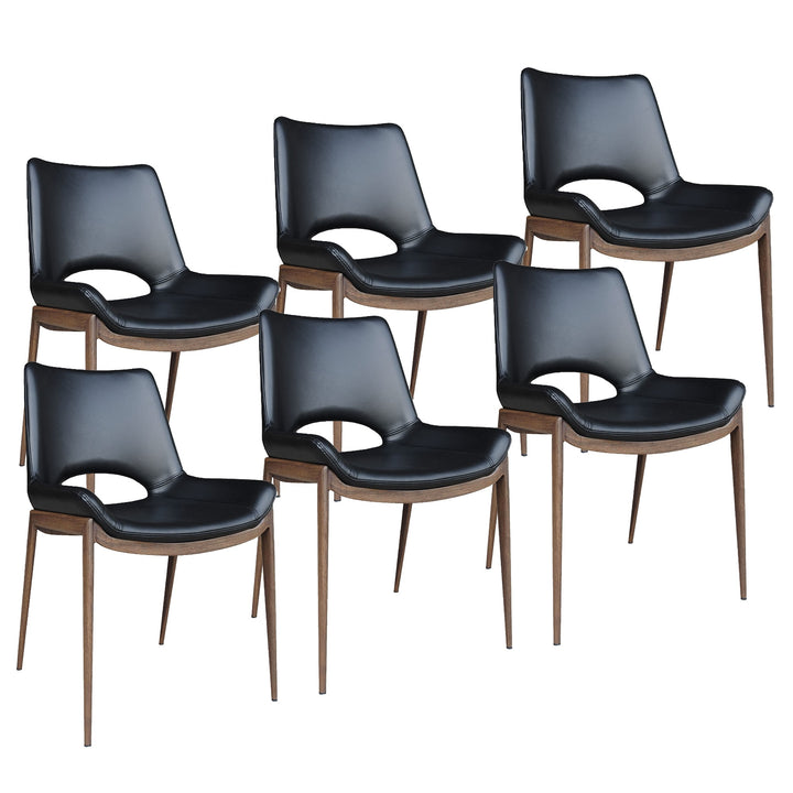 Torano Mid-Century Modern Dining And Lounge Chair in Walnut Finish with Textured Faux Leather Upholstery, Contoured Seat, Metal Frame – Set of 6