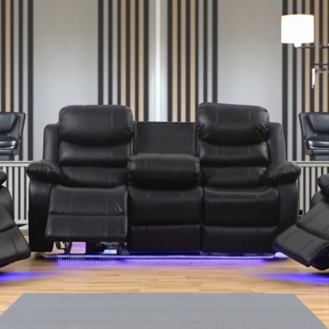 Sereno Black Power Recliner Set | Chair, Loveseat & Sofa with LED