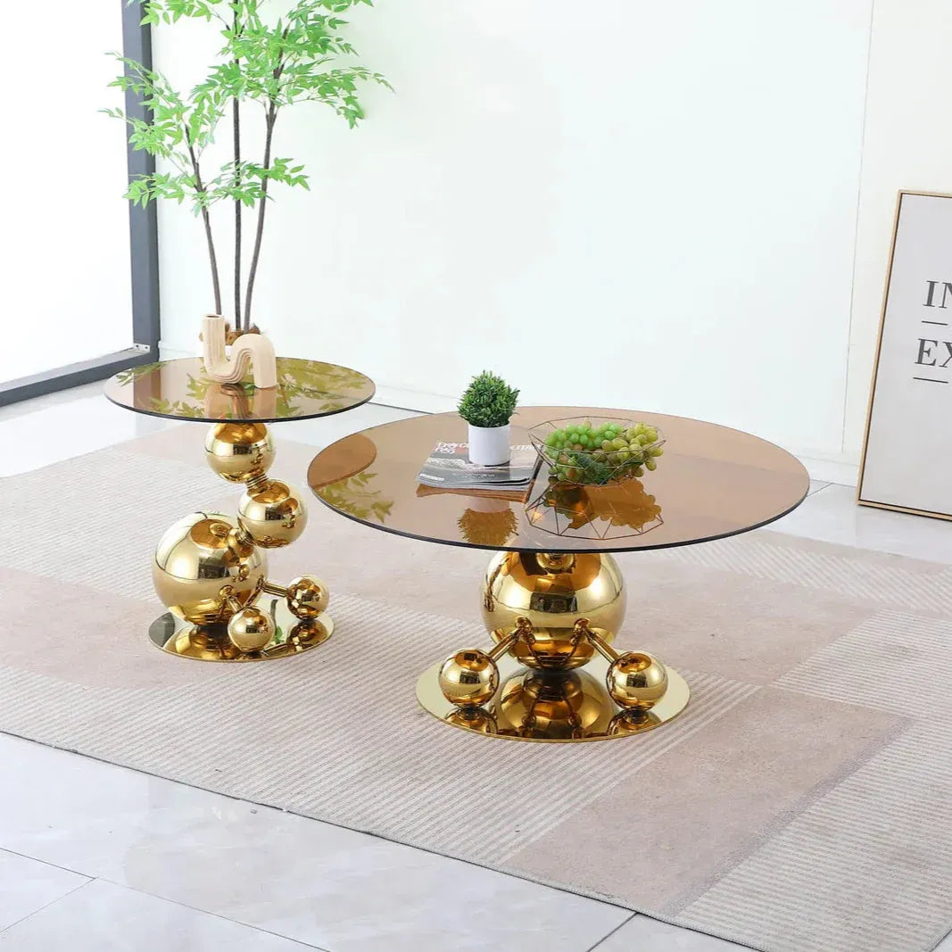 Sovereign 3-Piece Coffee Table Set – Smoke Glass & Gold Base