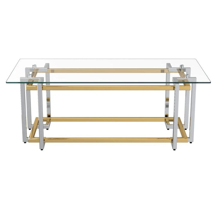 Illumina Coffee Table – Clear Tempered Glass Top & Gold–Silver Metallic Frame