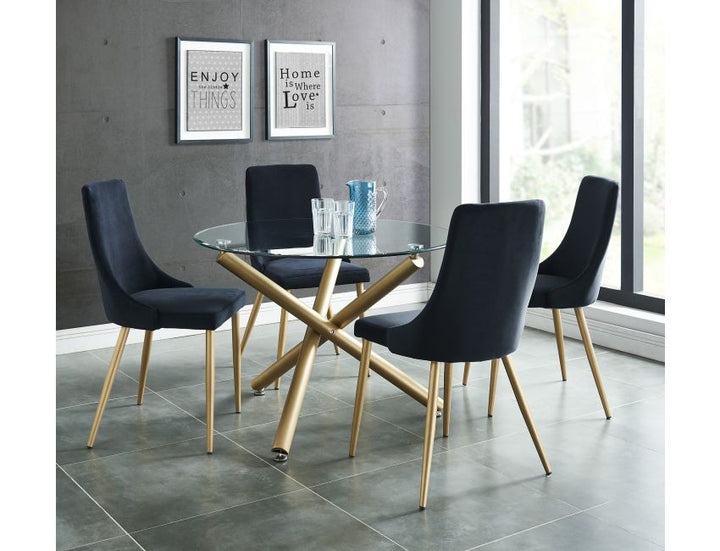 Bravion Contemporary Round Dining Table – 40" Clear Tempered Glass Top with Brushed Stainless Steel Accent, Aged Gold Crossover Metal Base and Modern Design Dining Table