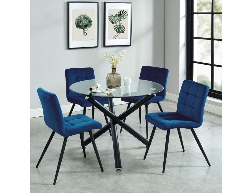 Sorran Contemporary Round Dining Table – Clear Tempered Glass Top with Brushed Stainless Steel Accent, Matte Black Crossover Metal Base and Modern Design Dining Table