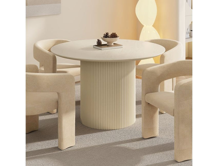 Trivano Mid-Century Modern Round Dining Table – Engineered Wood Oak Veneer Top with Wide Reeded Pedestal Base and Reverse Bevel Wood Grain Finish Dining Table