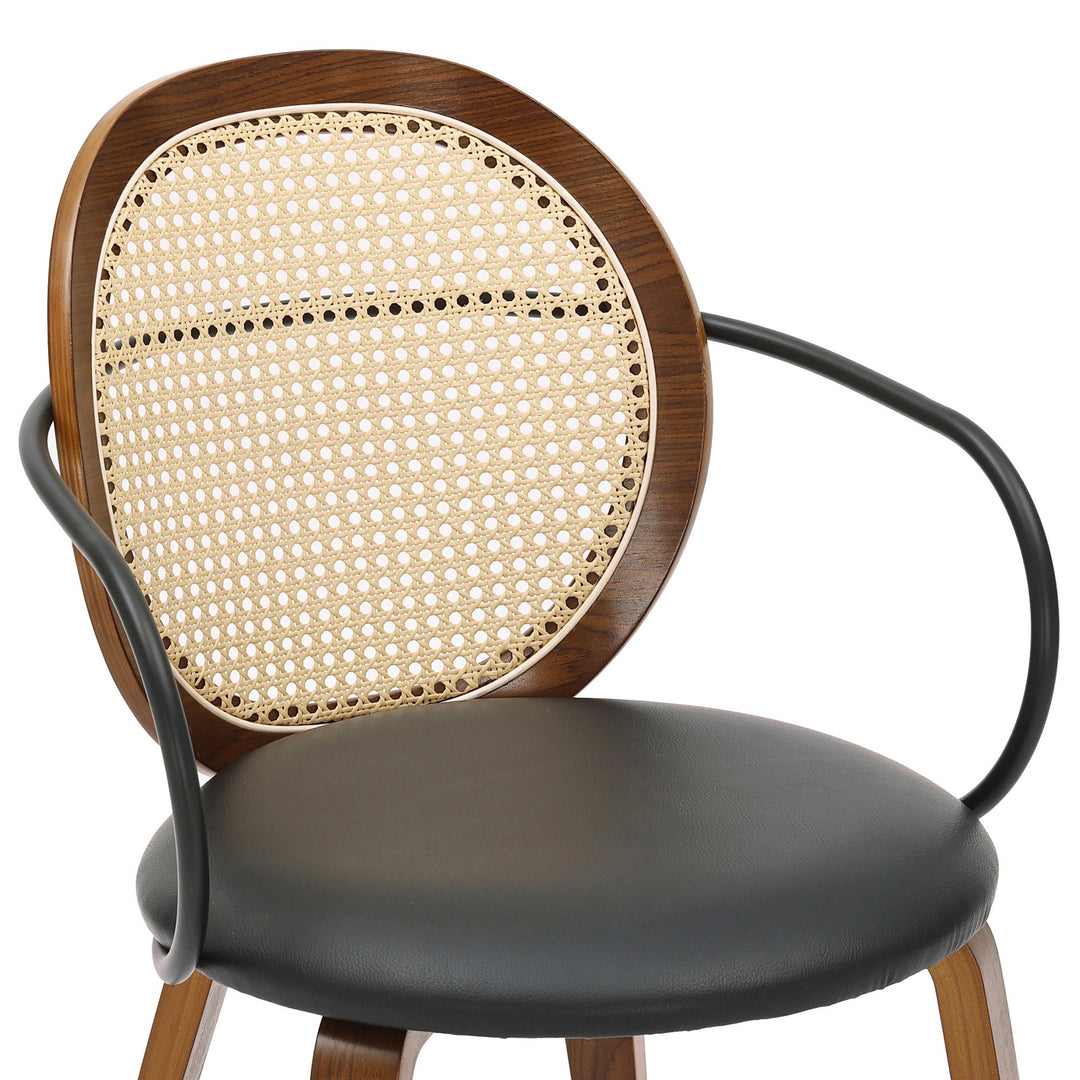 Estavon 5-Piece Mid-Century Modern Round Dining Table Set with 4 Faux Rattan Chairs, Oak Veneer Tabletop & Reeded Pedestal Base – Walnut/Black