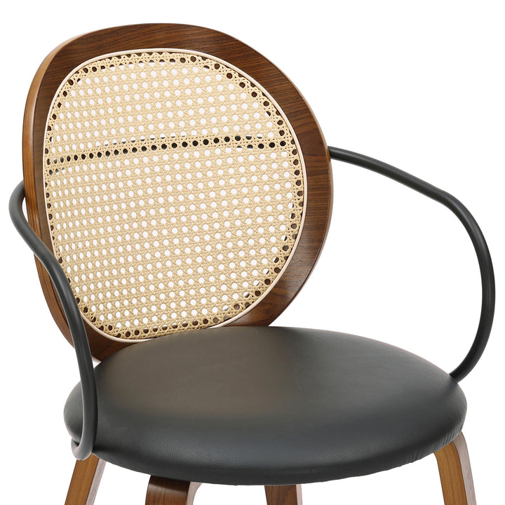 Estavon 5-Piece Mid-Century Modern Round Dining Table Set with 4 Faux Rattan Chairs, Oak Veneer Tabletop & Reeded Pedestal Base – Walnut/Black