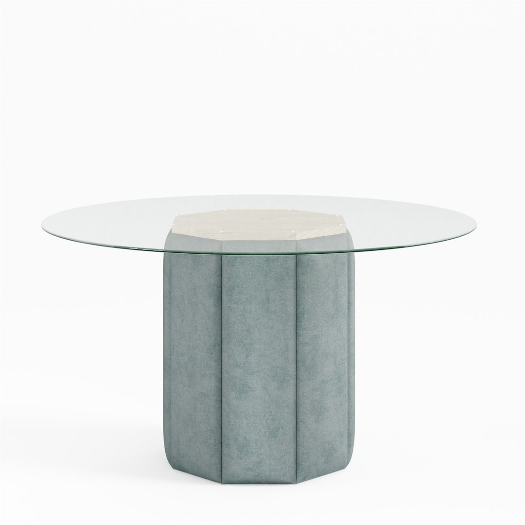 Elvaris Contemporary Glass Dining Table with Maple Wood Frame, Upholstered Base & Sky Blue Finish | Modern Elegant Design