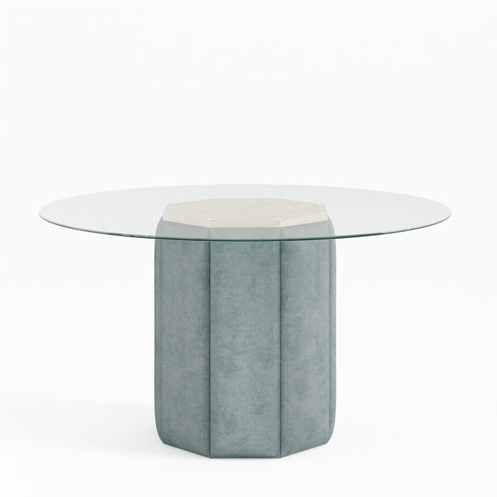 Elvaris Contemporary Glass Dining Table with Maple Wood Frame, Upholstered Base & Sky Blue Finish | Modern Elegant Design