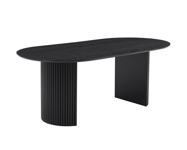 Sorento Oval Dining Table with Knife-Edge Top & Grooved Base | Modern Black Oak Veneer Design