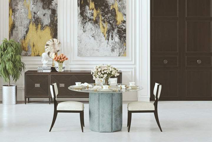 Elvaris Contemporary Glass Dining Table with Maple Wood Frame, Upholstered Base & Sky Blue Finish | Modern Elegant Design