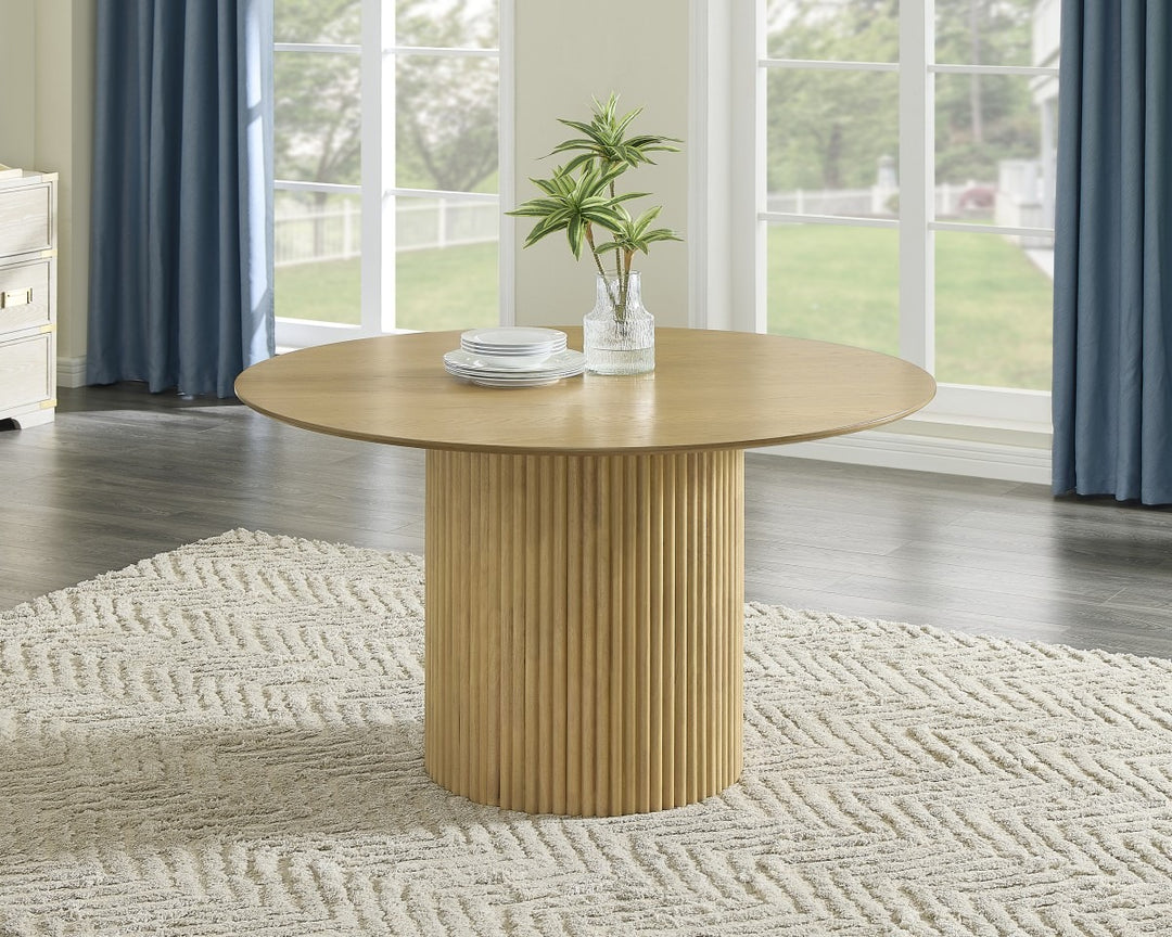 Mapleton Round Dining Table with Knife-Edge Top & Grooved Base | Modern Oak Veneer Design