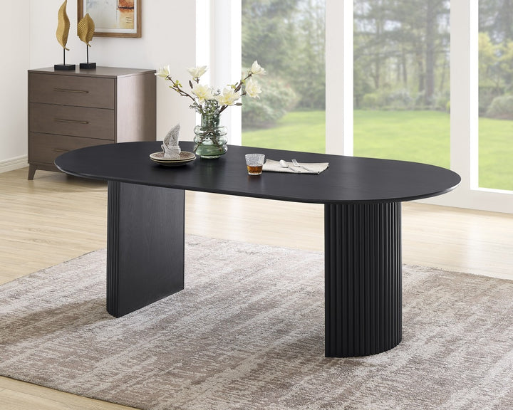 Sorento Oval Dining Table with Knife-Edge Top & Grooved Base | Modern Black Oak Veneer Design