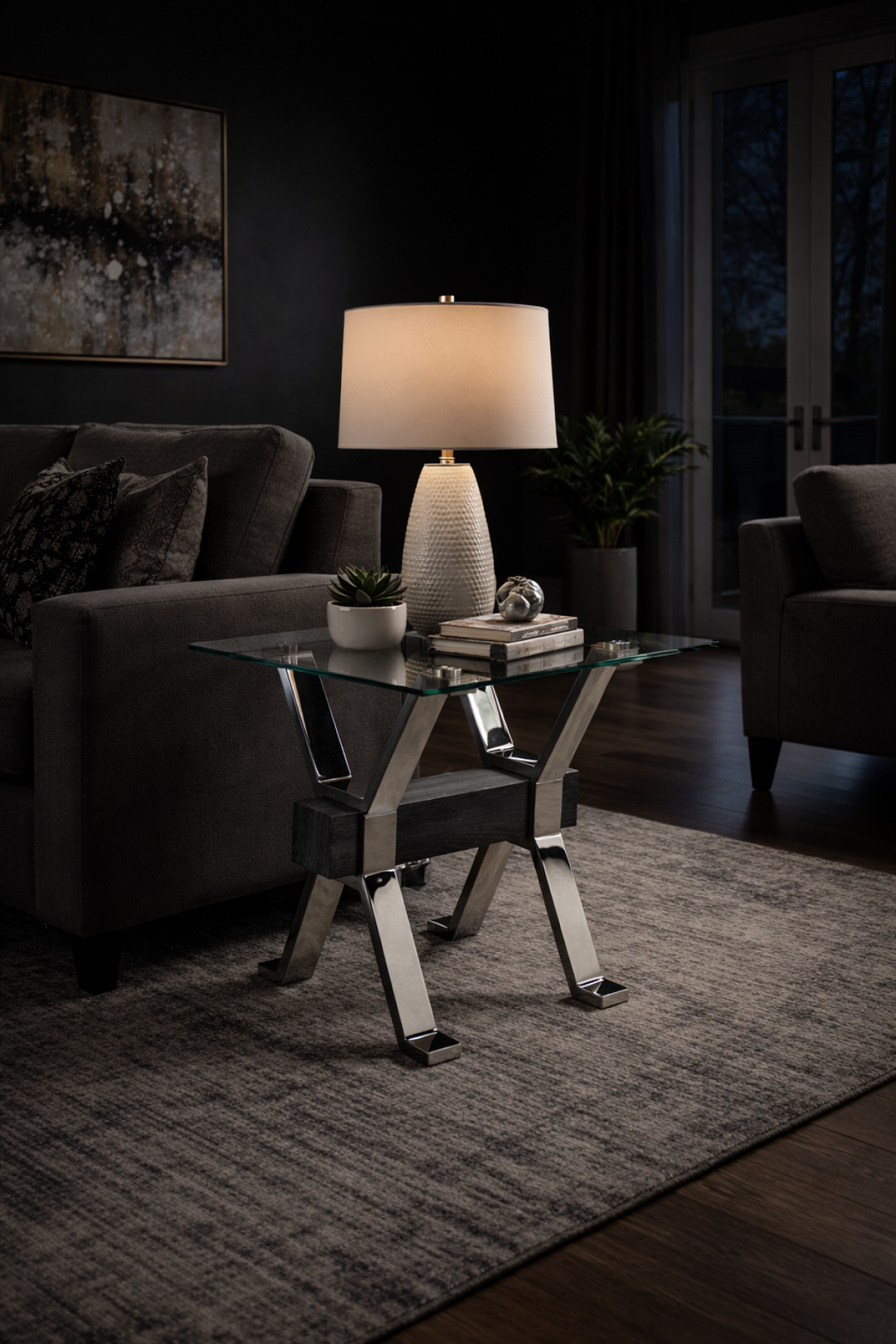 Norwick Modern Glass End Table – 12mm Tempered Glass Top with Chrome Metal Frame, Geometric Sculptural Base and Contemporary Living Room Accent Table