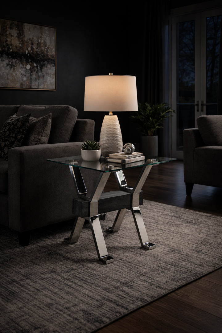 Norwick Modern Glass End Table – 12mm Tempered Glass Top with Chrome Metal Frame, Geometric Sculptural Base and Contemporary Living Room Accent Table