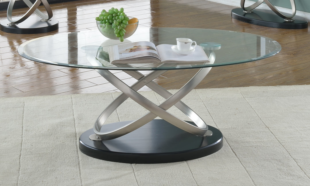 Montclair Luxury Tempered Glass Coffee Table with Sculptural Chrome Base for Modern Living Rooms