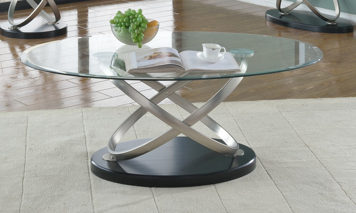 Montclair Luxury Tempered Glass Coffee Table with Sculptural Chrome Base for Modern Living Rooms