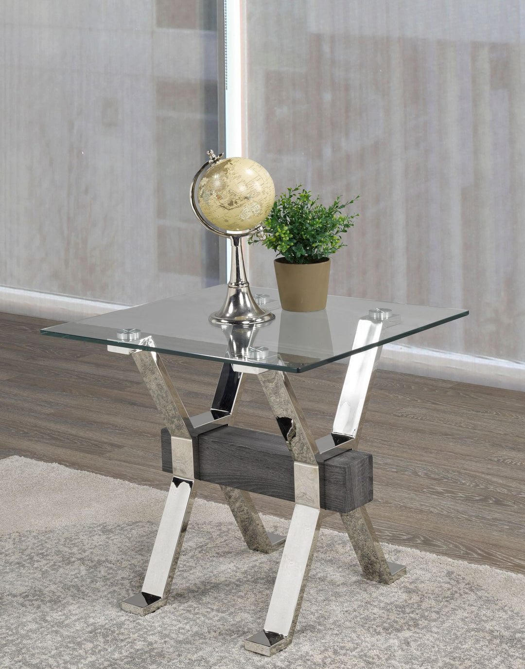 Norwick Modern Glass End Table – 12mm Tempered Glass Top with Chrome Metal Frame, Geometric Sculptural Base and Contemporary Living Room Accent Table