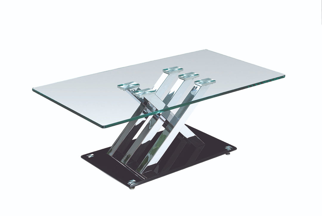 Bellagio Premium Coffee Table with Thick Tempered Glass and Unique Cross Post Chrome Base for Elegant Interiors