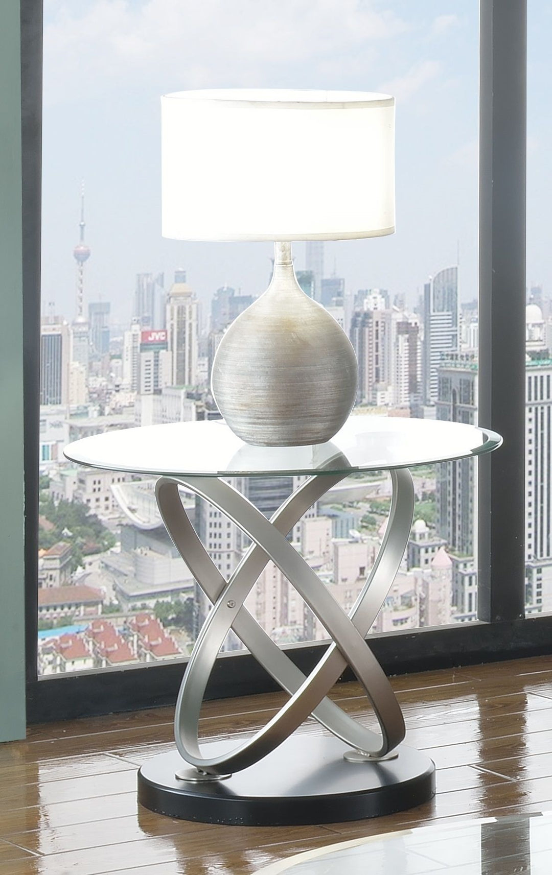 Elvaron Modern Glass Coffee Table – 22" Tempered Glass Top Center Table with Sculpted Dual-Oval Metal Base, Aluminum Ring Detail and Contemporary Luxury Design