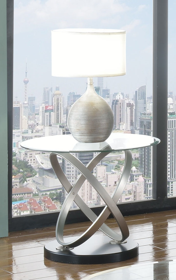 Elvaron Modern Glass Coffee Table – 22" Tempered Glass Top Center Table with Sculpted Dual-Oval Metal Base, Aluminum Ring Detail and Contemporary Luxury Design