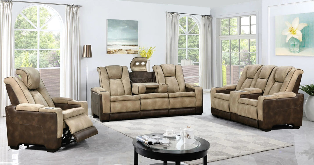 Orello Recliner Set – Beige & Brown, 3-Piece Power Recliner (Chair + Loveseat + Sofa)