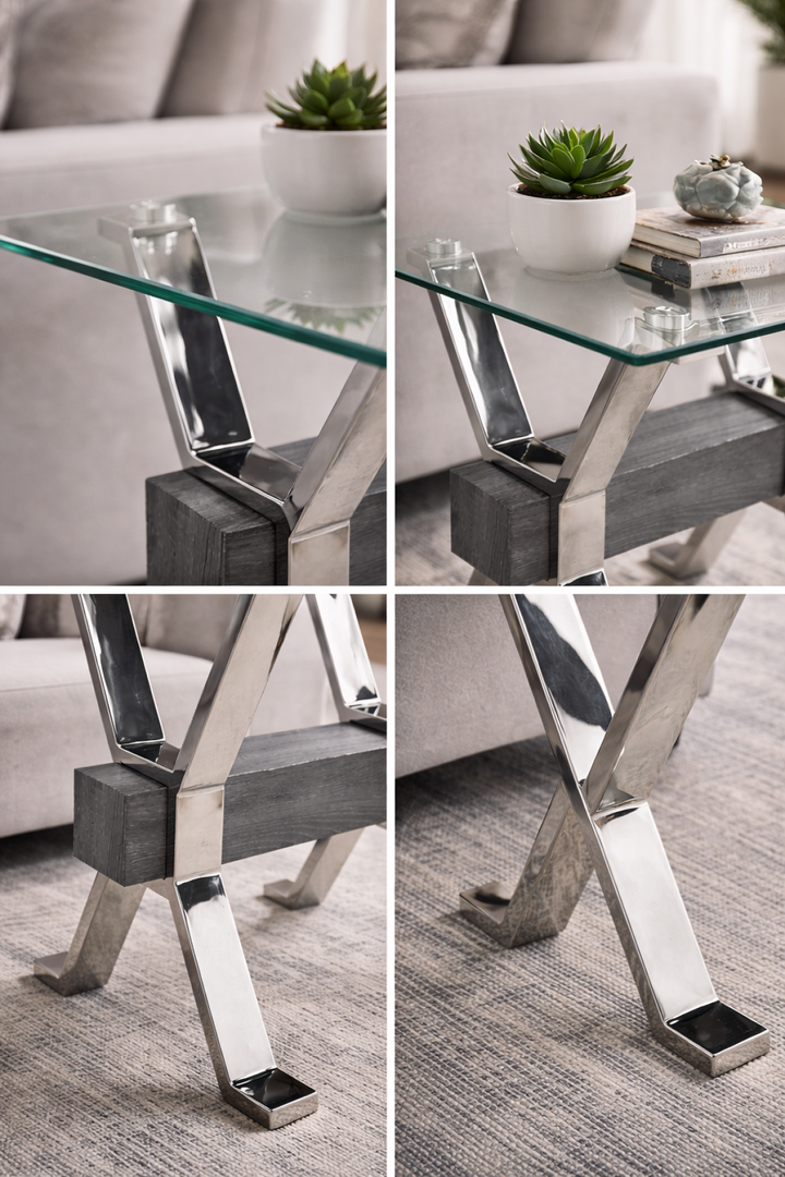 Norwick Modern Glass End Table – 12mm Tempered Glass Top with Chrome Metal Frame, Geometric Sculptural Base and Contemporary Living Room Accent Table