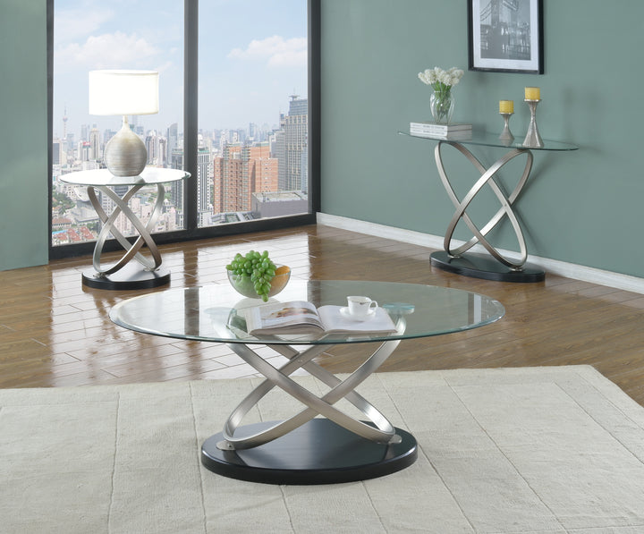 Elvaron Modern Glass Coffee Table – 22" Tempered Glass Top Center Table with Sculpted Dual-Oval Metal Base, Aluminum Ring Detail and Contemporary Luxury Design