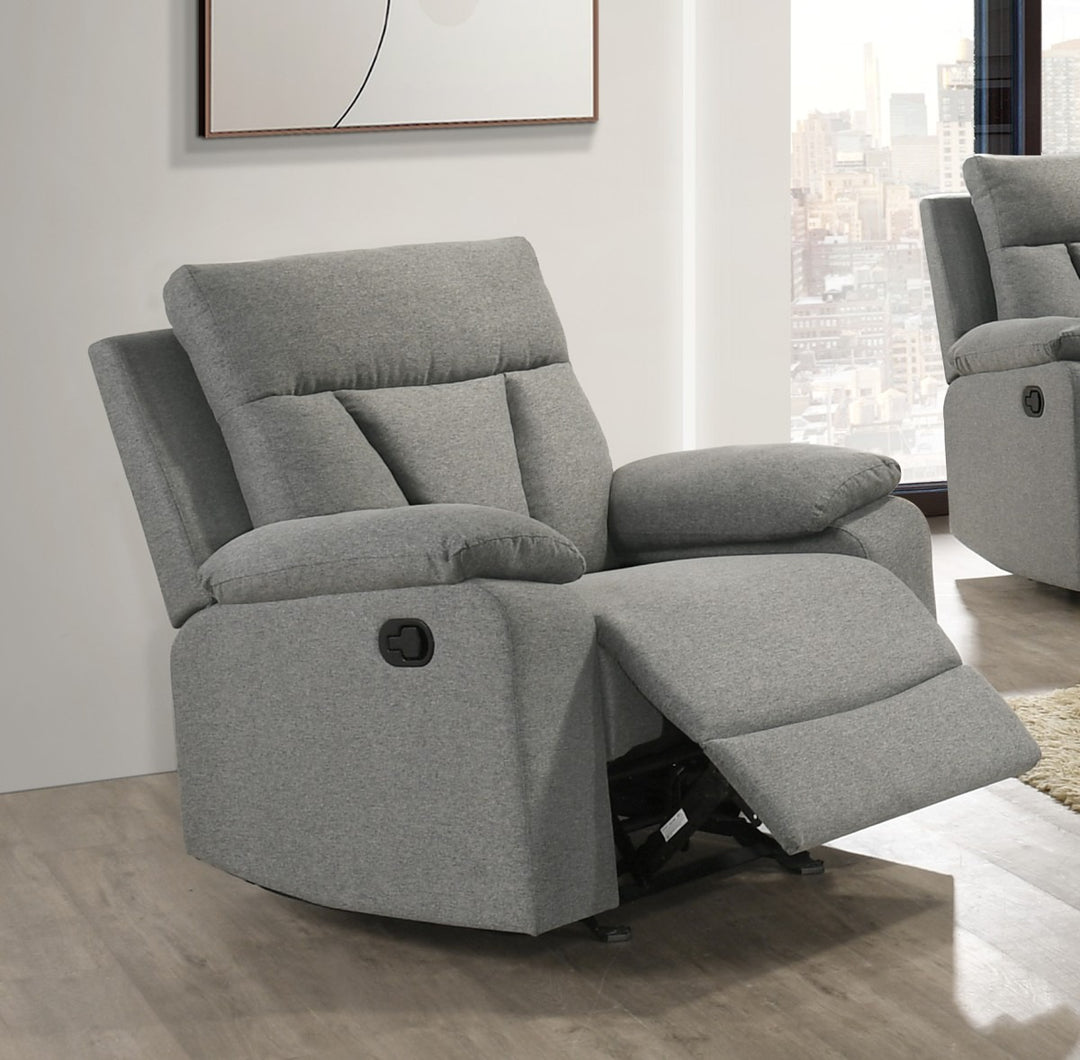 Vento Glider/Recliner – Premium Grey Plush Fabric Upholstery with Full Foam Seating, Pillow Top Armrests & Smooth Rocker Reclining Mechanism for Everyday Comfort