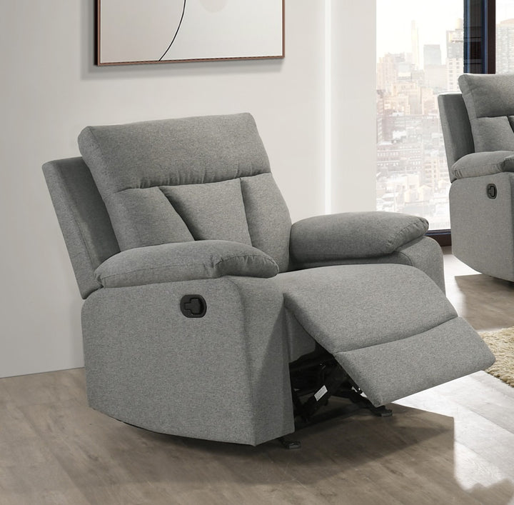 Vento Glider/Recliner – Premium Grey Plush Fabric Upholstery with Full Foam Seating, Pillow Top Armrests & Smooth Rocker Reclining Mechanism for Everyday Comfort