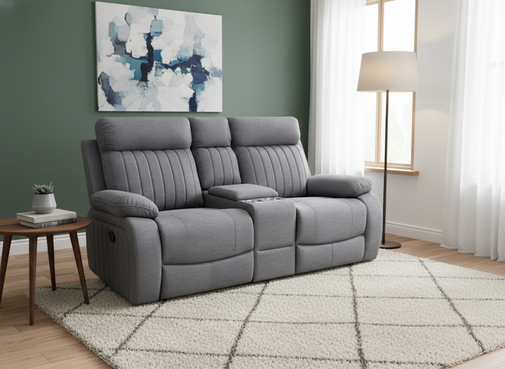 Oakshire Grey Recliner Loveseat – Premium Fabric Comfort Seating with Storage Console, Cup Holders, Smooth Reclining Function And Contemporary Design for Living Room