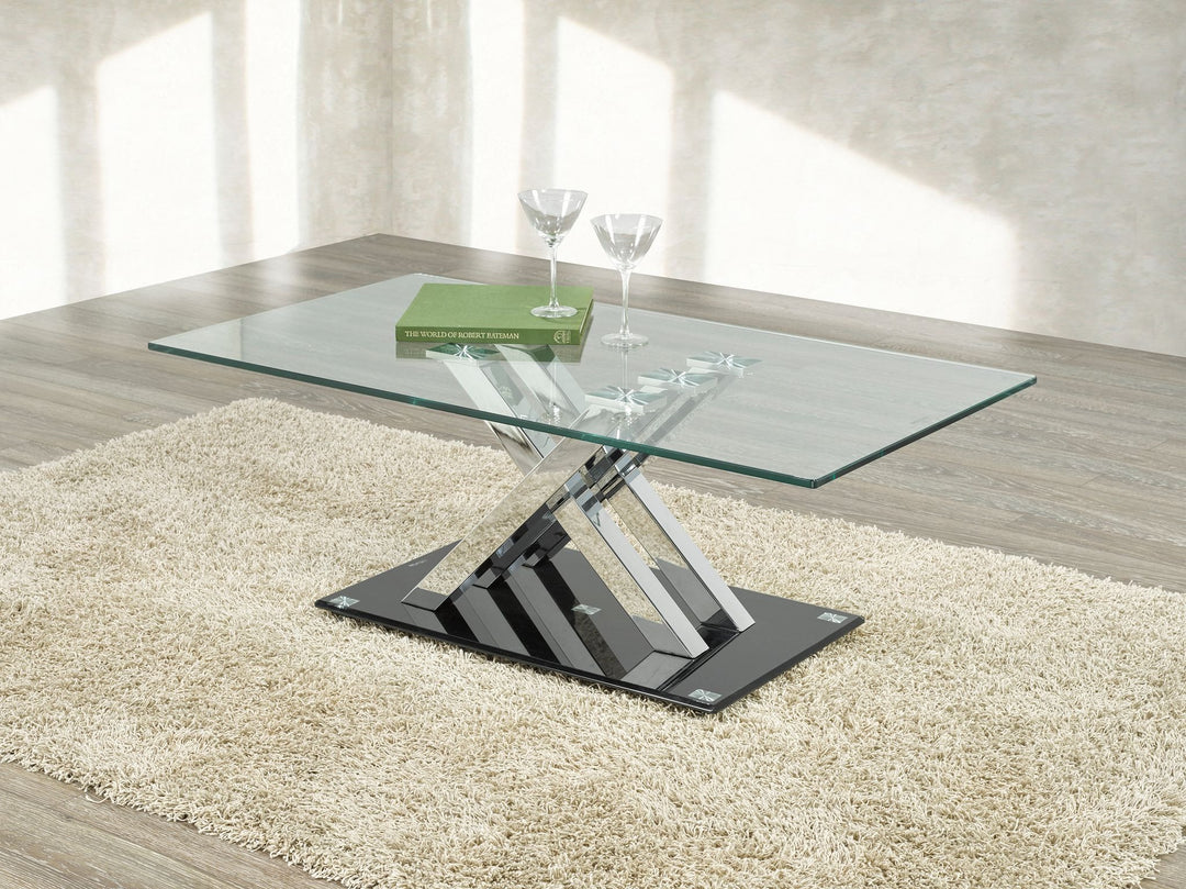 Bellagio Premium Coffee Table with Thick Tempered Glass and Unique Cross Post Chrome Base for Elegant Interiors
