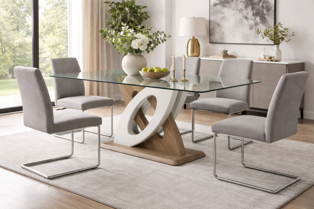 Highgrove Contemporary 10mm Tempered Glass Dining Table with Sculptural Pedestal Base