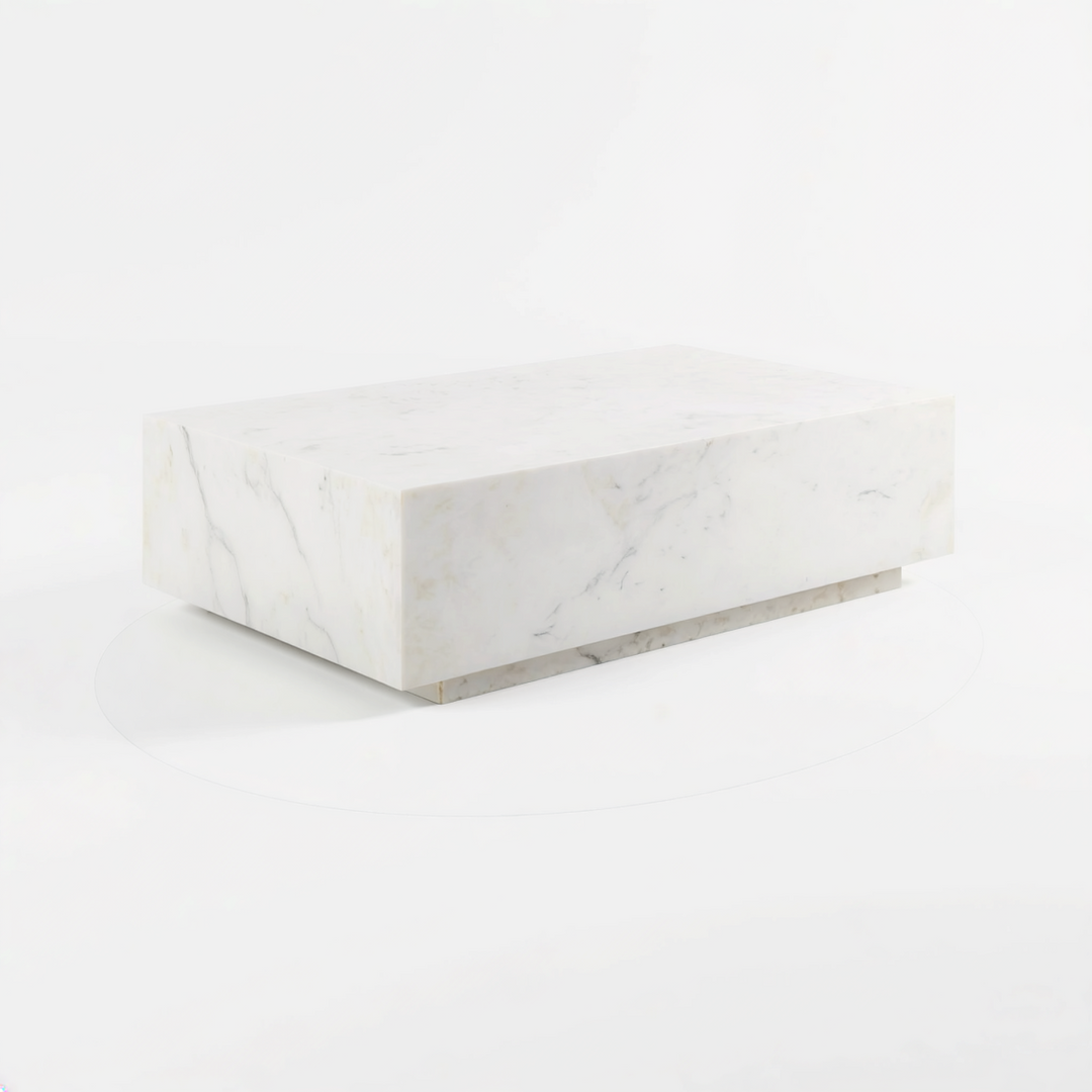 Altamira Luxury Solid Marble Coffee Table with Beveled Edges, Minimalist Block Design & Natural Stone Veining for Modern Elegant Interiors