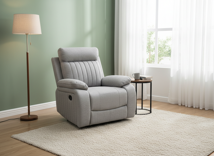 Vento Glider/Recliner – Premium Grey Textured Fabric Upholstery with HD Foam Seating, Pillow Top Armrests and Smooth Gliding Reclining Mechanism for Modern Living Spaces