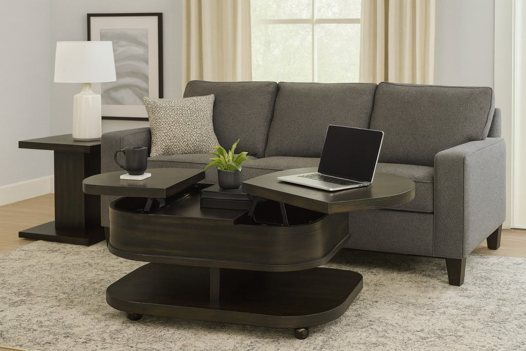 Seraphina Luxury Lift-Top Coffee Table with Dual Storage, Mobile Casters & Dark Wood Finish for Modern Functional Living Rooms