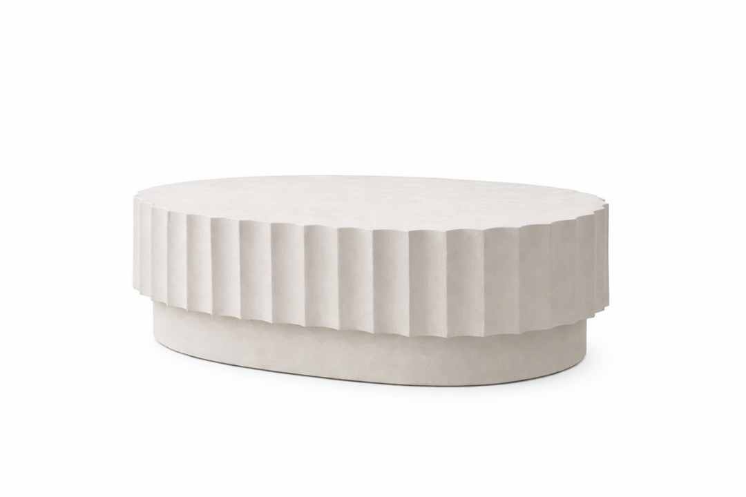 Vivante Modern Cement Coffee Table with Sculptural Fluted Design, Round Minimalist Top & Architectural Low-Profile Form for Contemporary Spaces