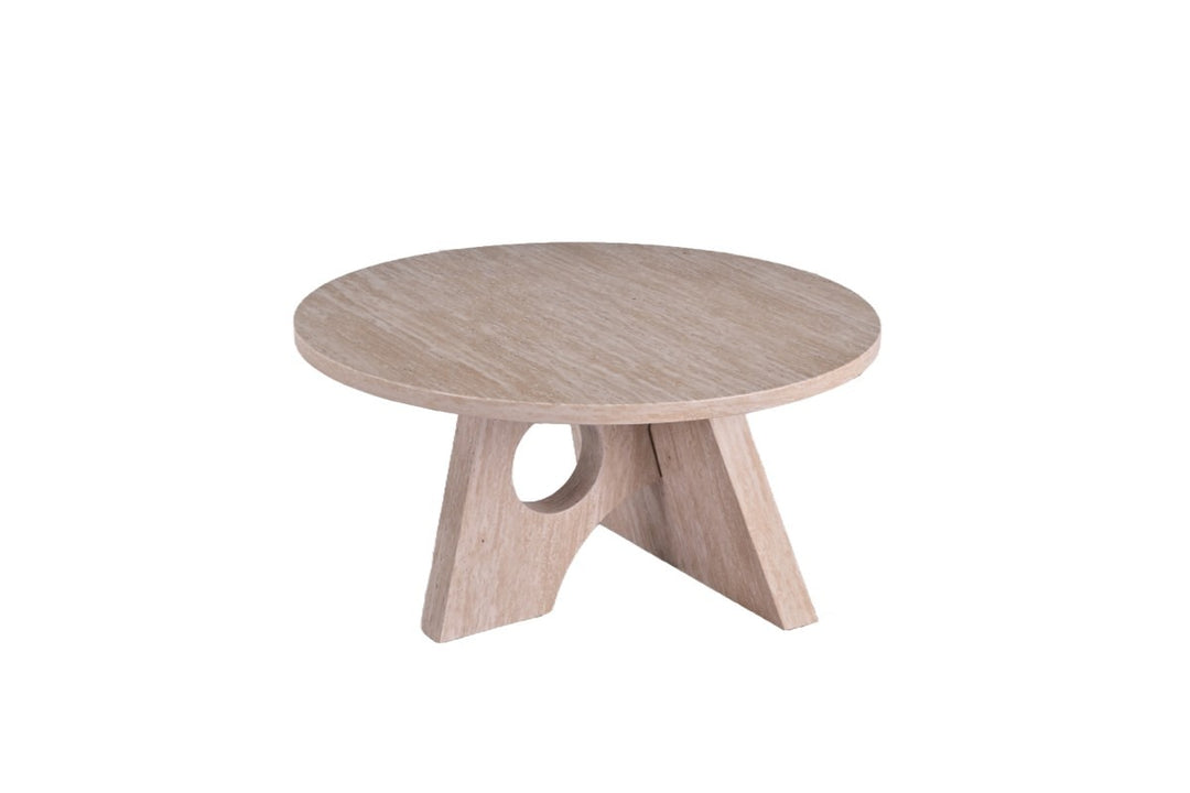 Grand Maison Modern Coffee Table with Geometric Base, Sand Wood Round Top & Sculptural Contemporary Design for Elegant Living Spaces