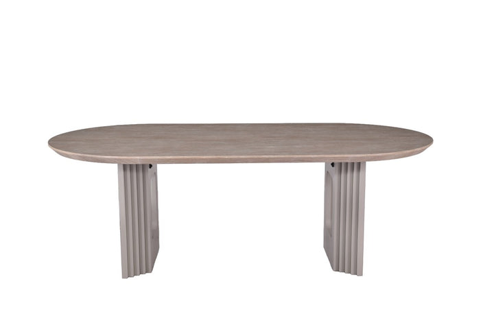 Aldrion Oval Dining Table – Travertine Finish with Dual Pedestal Base