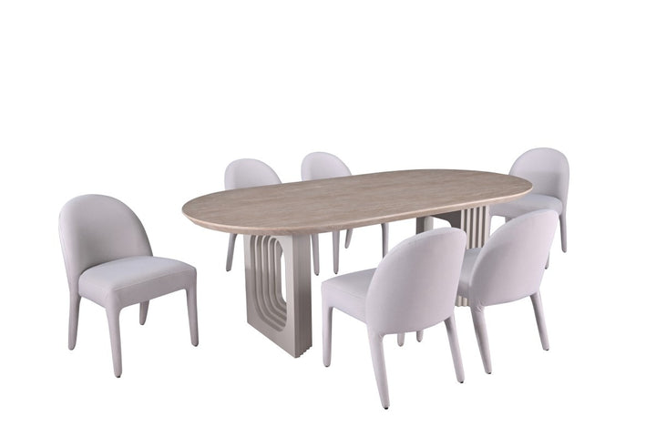 Serenza Beige 7-Piece Dining Set with Pedestal Base Table