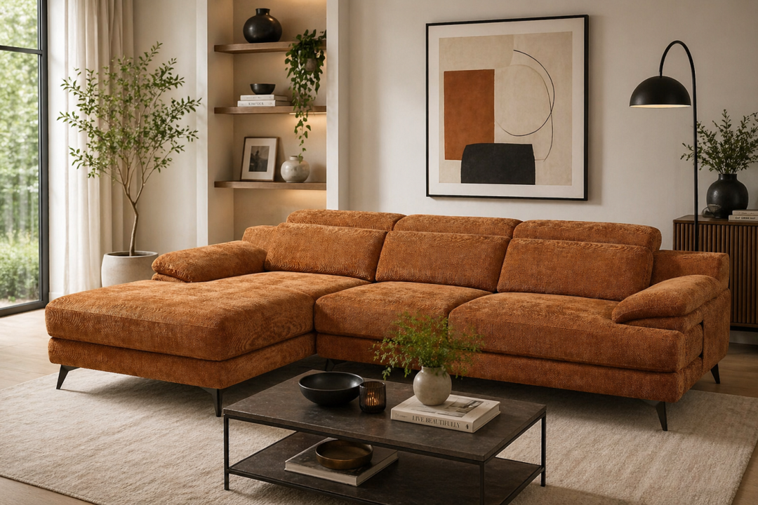 Hollowmere Caramel Brown Polyester Fabric Sectional Sofa with Pocket Spring Seating