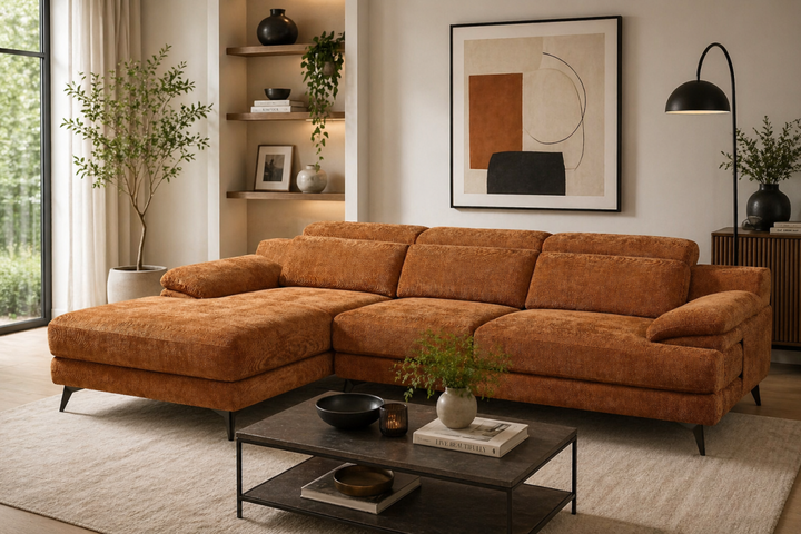 Hollowmere Caramel Brown Polyester Fabric Sectional Sofa with Pocket Spring Seating